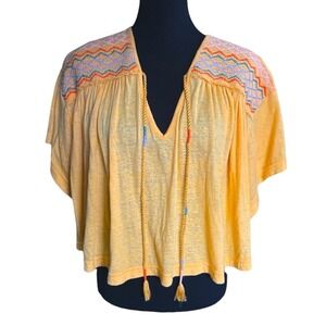 Free People Market Embroidered V-Neck Hi-Low Crop Top, Carrot Ginger, Med/Large